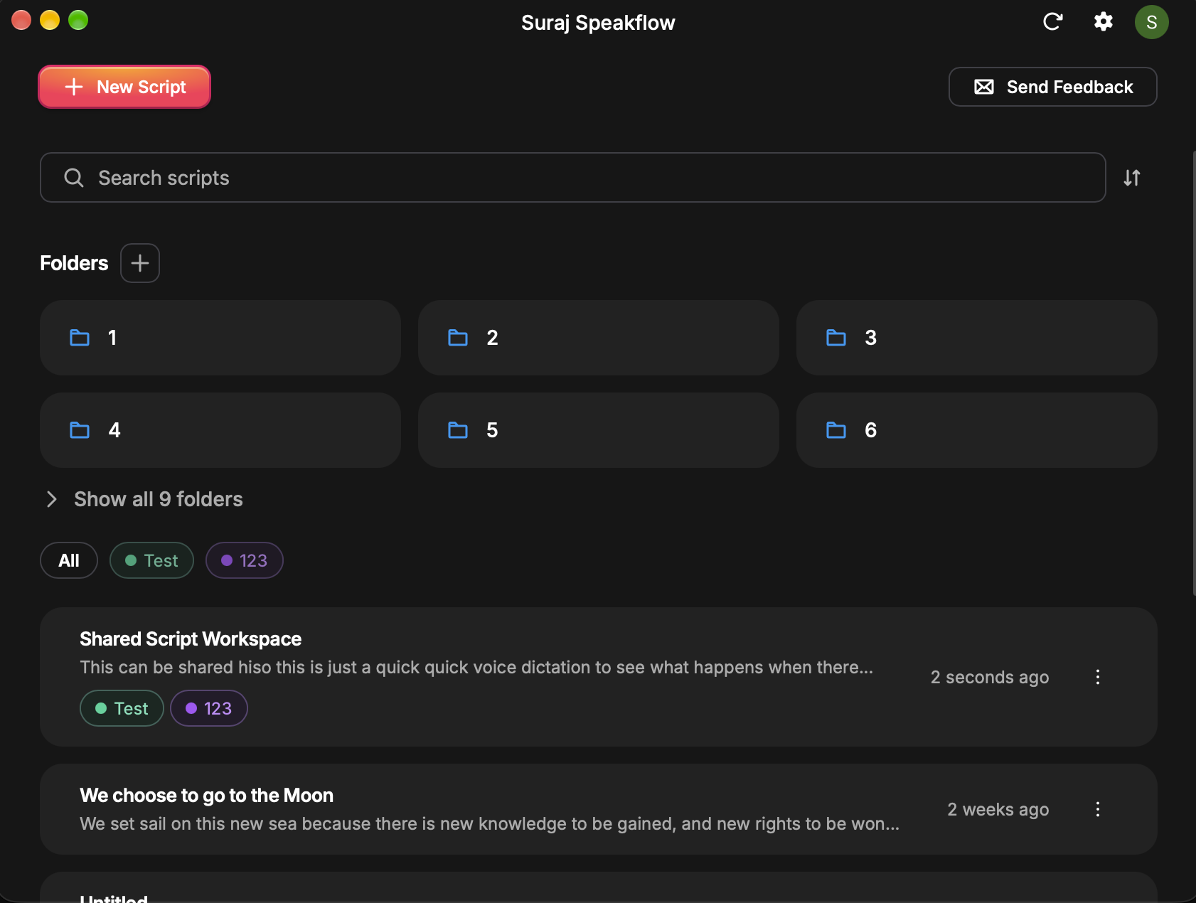 Speakflow desktop app showing script search, folders, and saved scripts
